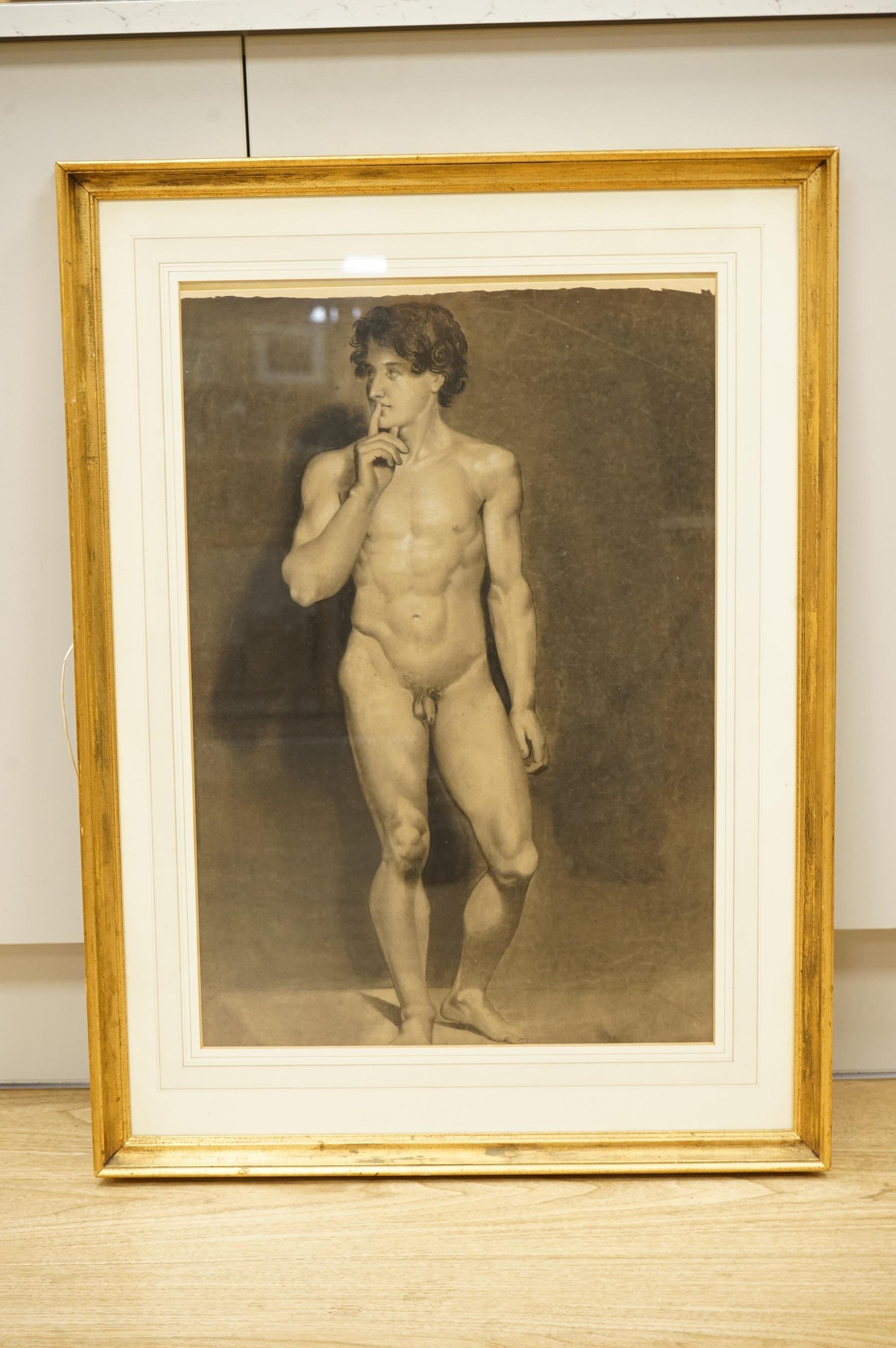 Late 19th century school, Study of a standing nude male, heightened charcoal, 60 x 40cm